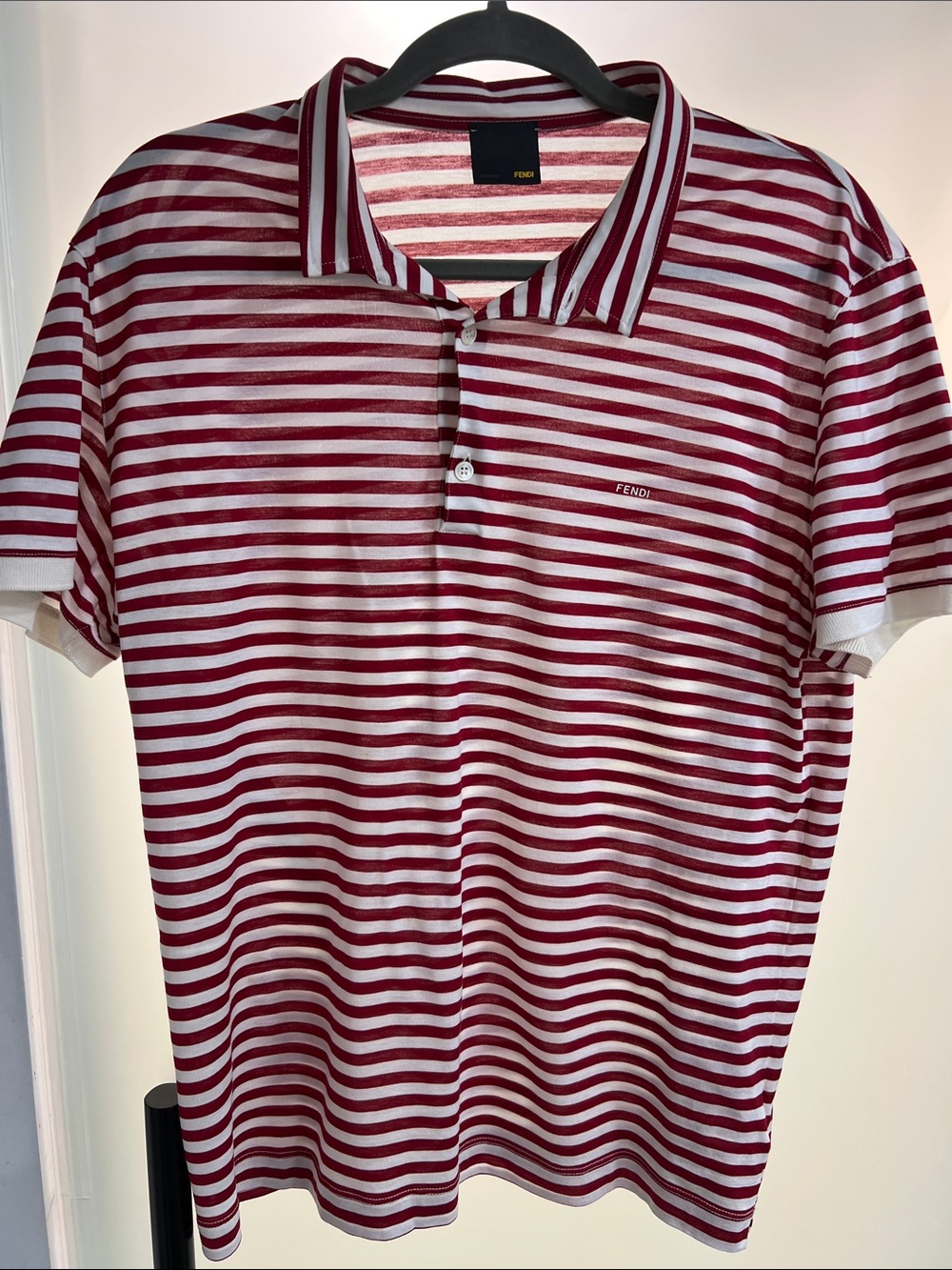 Fendi Men’s Red and White Striped Polo Shirt